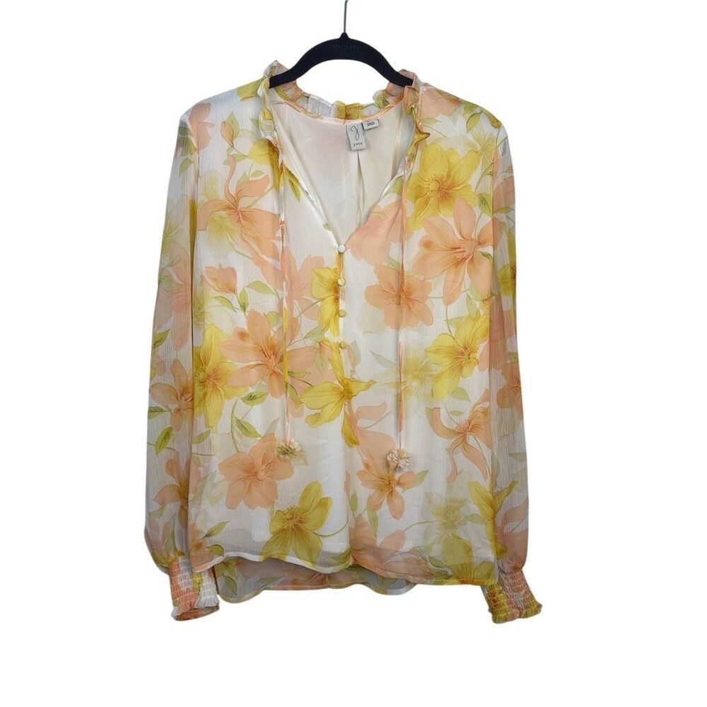 Joie Floral Sheer Blouse Womens Size L Peach Yellow Long Sleeve Tie Neck